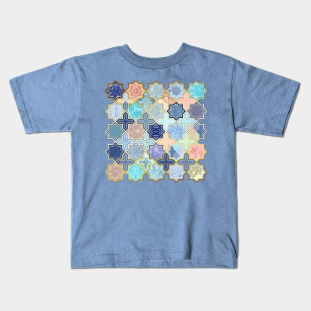 Peach and Blue Geometric Tile Pattern Kids T-Shirt by micklyn
